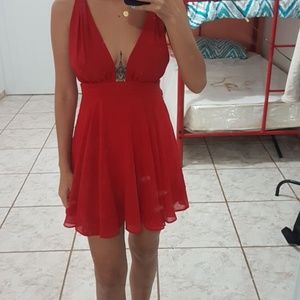 Sexy red plunging Self-Tie Dress